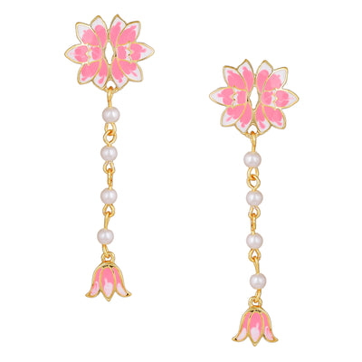 Estele Gold Plated Enchanting Lotus Designer Pearl Necklace Set with Pink Enamel for Girl's & Women