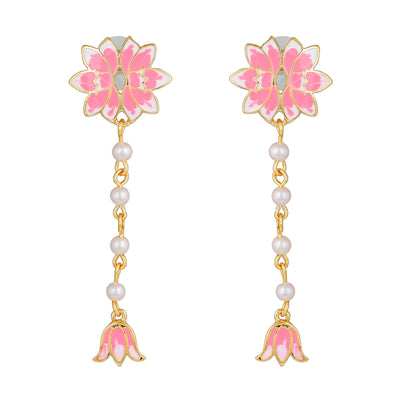 Estele Gold Plated Enchanting Lotus Designer Pearl Necklace Set with Pink Enamel for Girl's & Women