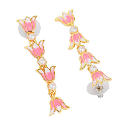 Estele Gold Plated Vintage Lotus Designer Pearl Studded Necklace Set with Pink Enamel for Girl's & Women