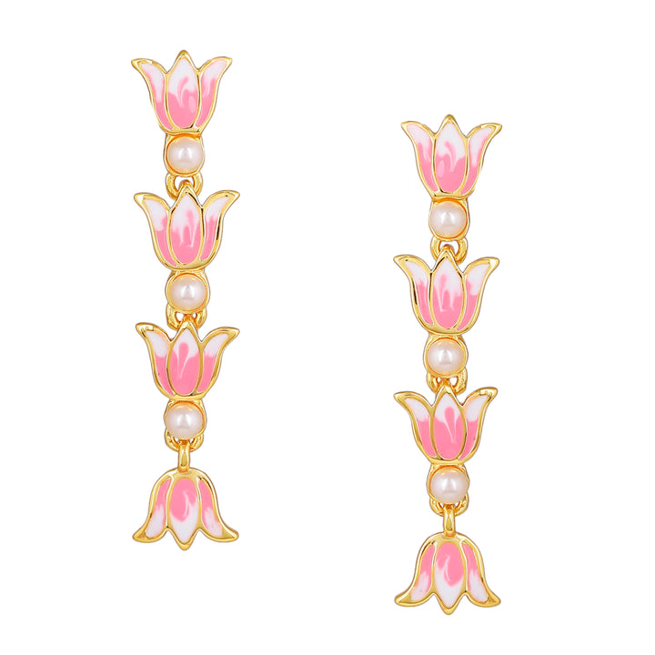 Estele Gold Plated Vintage Lotus Designer Pearl Studded Necklace Set with Pink Enamel for Girl's & Women