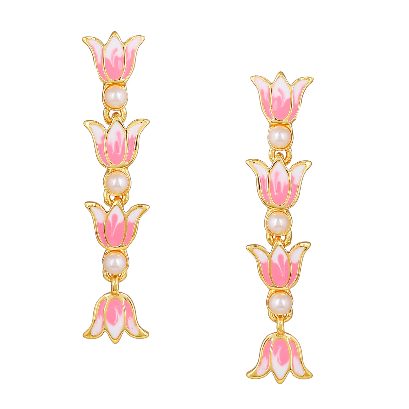 Estele Gold Plated Vintage Lotus Designer Pearl Studded Necklace Set with Pink Enamel for Girl's & Women