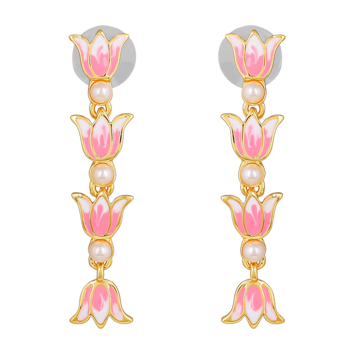 Estele Gold Plated Vintage Lotus Designer Pearl Studded Necklace Set with Pink Enamel for Girl's & Women