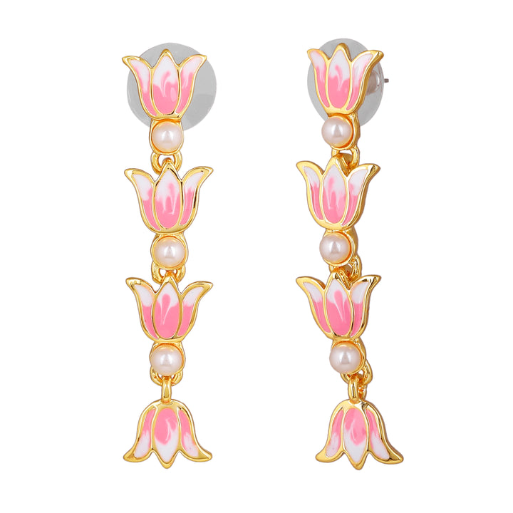 Estele Gold Plated Vintage Lotus Designer Pearl Studded Necklace Set with Pink Enamel for Girl's & Women