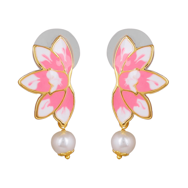 Estele Gold Plated Alluring Lotus Designer Pearl Necklace Set with Pink Enamel for Girl's & Women