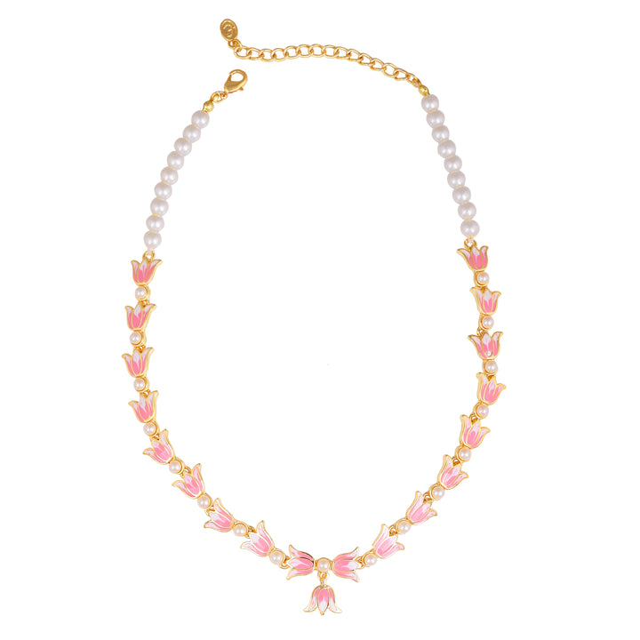 Estele Gold Plated Vintage Lotus Designer Pearl Studded Necklace Set with Pink Enamel for Girl's & Women