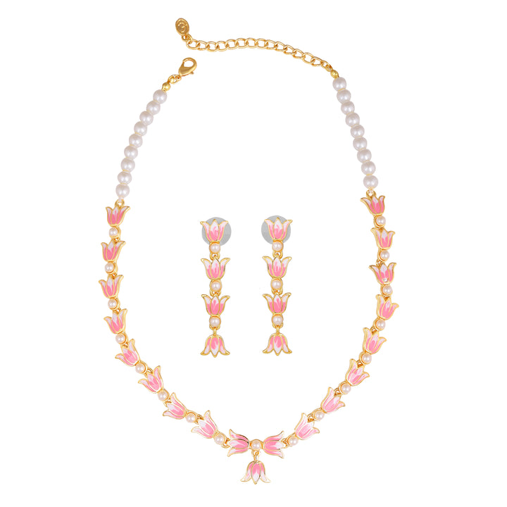 Estele Gold Plated Vintage Lotus Designer Pearl Studded Necklace Set with Pink Enamel for Girl's & Women