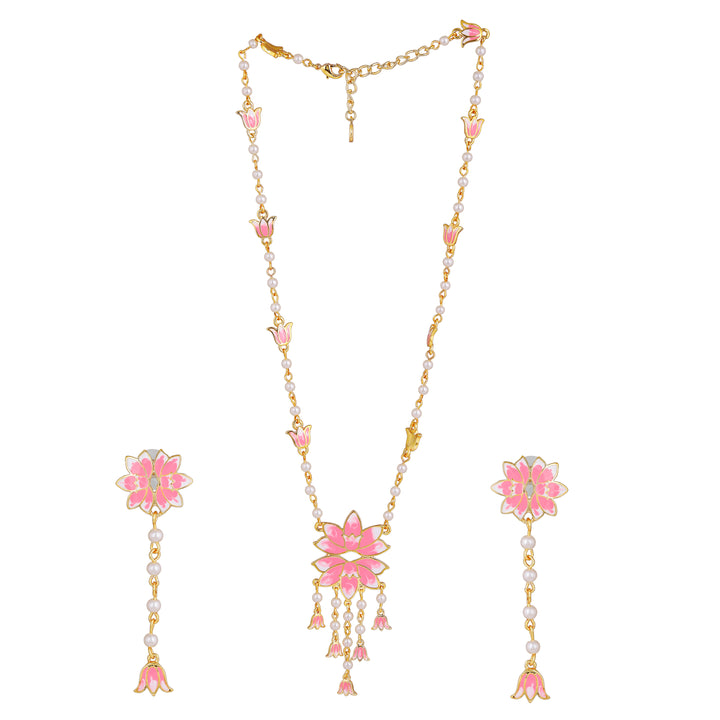 Estele Gold Plated Enchanting Lotus Designer Pearl Necklace Set with Pink Enamel for Girl's & Women