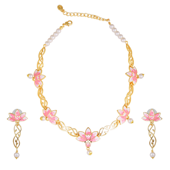 Estele Gold Plated Gorgeous Lotus Designer Pearl Drop Necklace Set with Pink Enamel for Girl's & Women