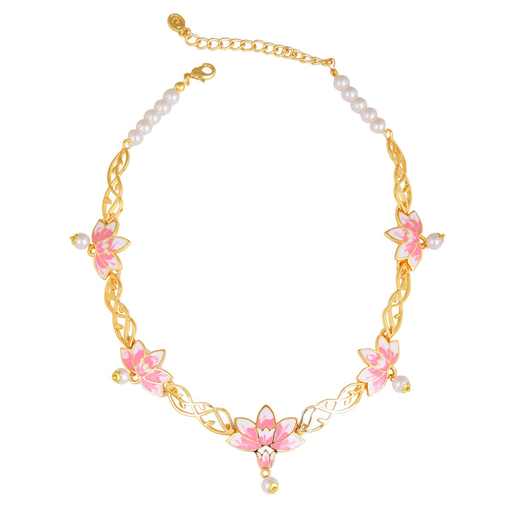Estele Gold Plated Gorgeous Lotus Designer Pearl Drop Necklace Set with Pink Enamel for Girl's & Women