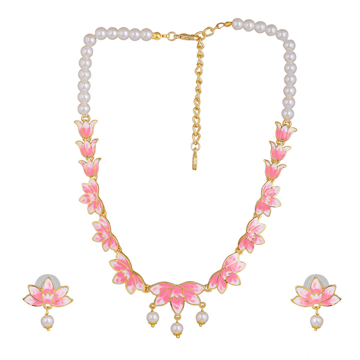 Estele Gold Plated Fascinating Lotus Designer Pearl Necklace Set with Pink Enamel for Girl's & Women