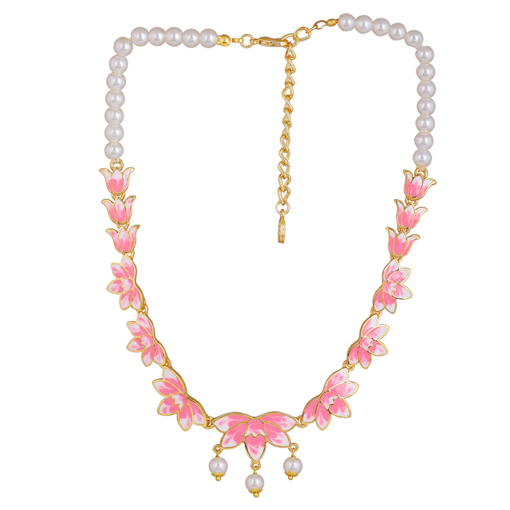 Estele Gold Plated Fascinating Lotus Designer Pearl Necklace Set with Pink Enamel for Girl's & Women