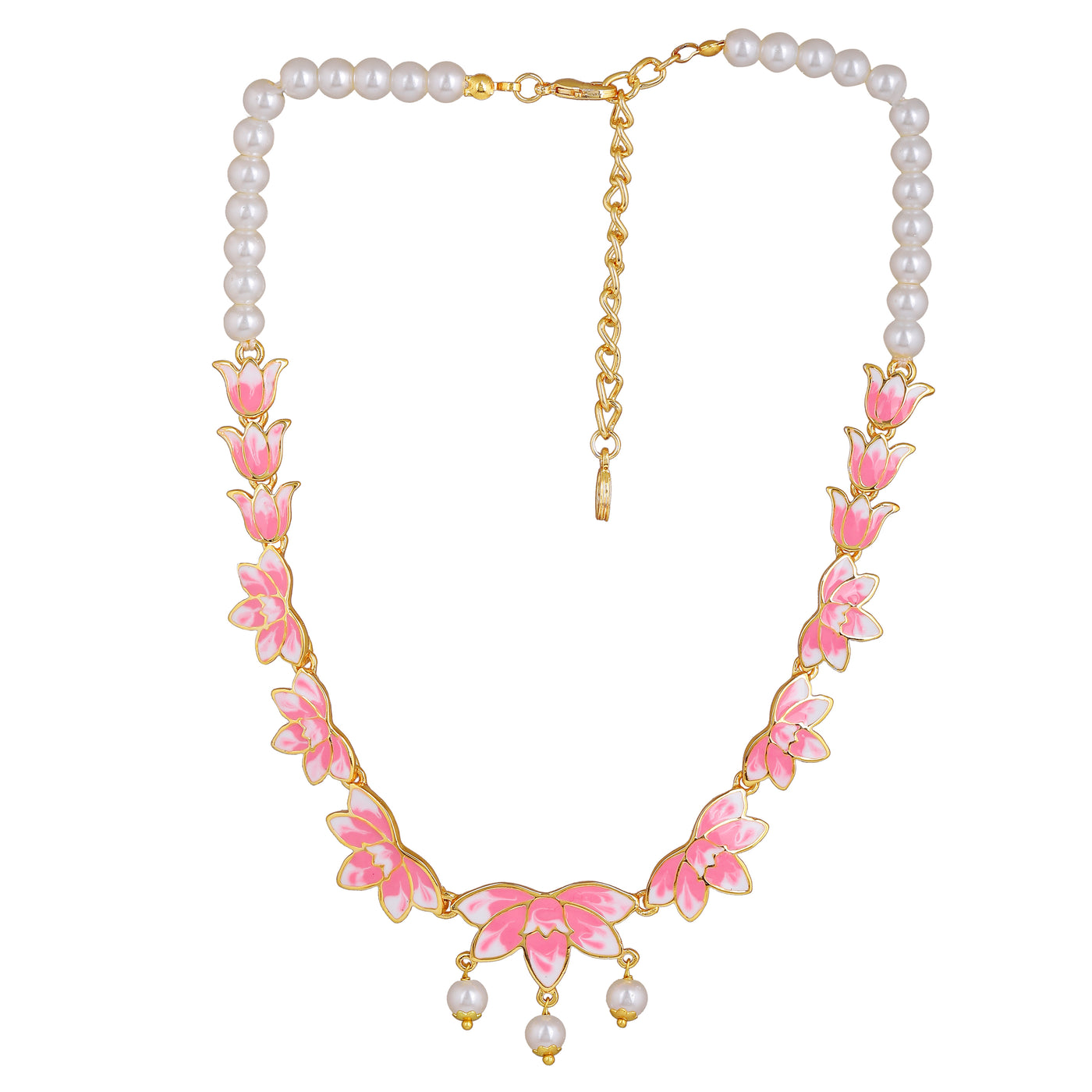 Estele Gold Plated Fascinating Lotus Designer Pearl Necklace Set with Pink Enamel for Girl's & Women