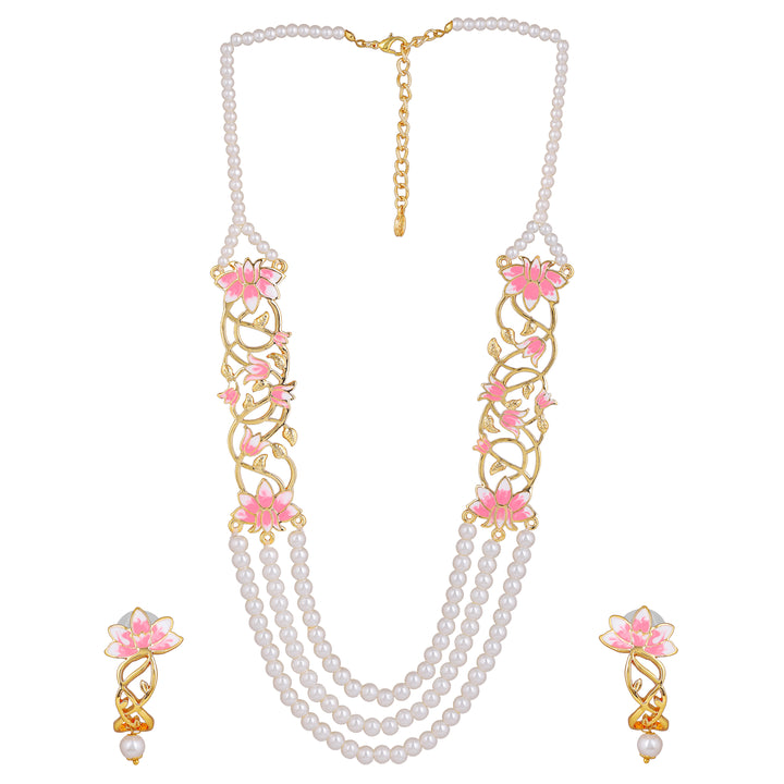 Estele Gold Plated Lotus Designer Three Line Pearl Necklace Set with Pink Enamel for Girls & Women