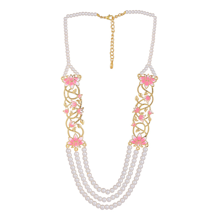 Estele Gold Plated Lotus Designer Three Line Pearl Necklace Set with Pink Enamel for Girls & Women