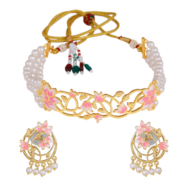 Estele Gold Plated Stylish Lotus Designer Pearl Choker Necklace Set with Pink Enamel for Girl's & Women