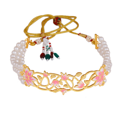 Estele Gold Plated Stylish Lotus Designer Pearl Choker Necklace Set with Pink Enamel for Girl's & Women