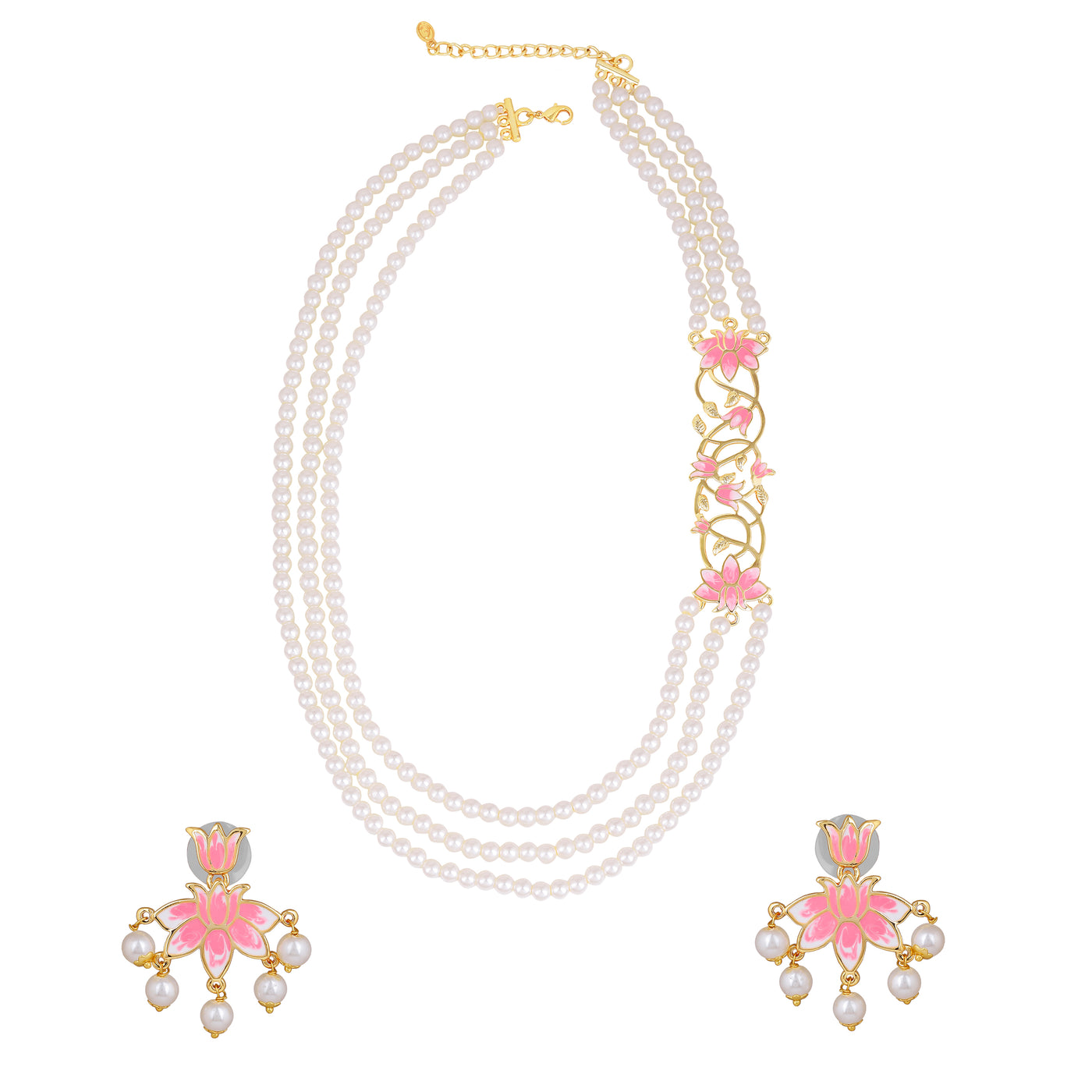 Estele Gold Plated Pink Enamelled Lotus Designer Three Layered Pearl Side Pendant Necklace Set for Girl's & Women