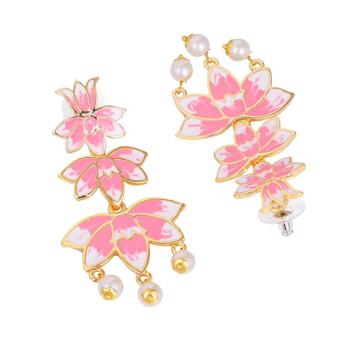Estele Gold Plated Pink Enamelled Lotus Designer Ravishing Pearl Drop Earrings for Girl's & Women