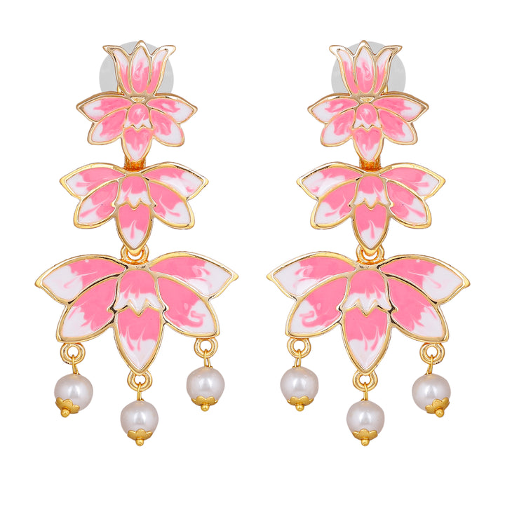 Estele Gold Plated Pink Enamelled Lotus Designer Ravishing Pearl Drop Earrings for Girl's & Women