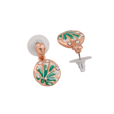 Estele Rose Gold Plated Stylish Circular Necklace Set with Green Enamel for Women