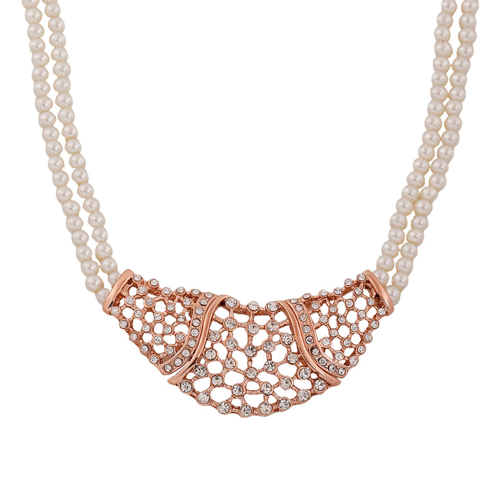Estele Rose Gold Plated Shimmering Pearl Necklace Set with Crystals for Women