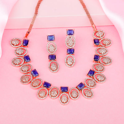 Estele Rose Gold Plated CZ Trendy Glitterati Necklace Set with Blue Crystals for Women