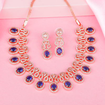 Estele Rose Gold Plated CZ Magnificent Necklace Set with Blue Crystals for Women