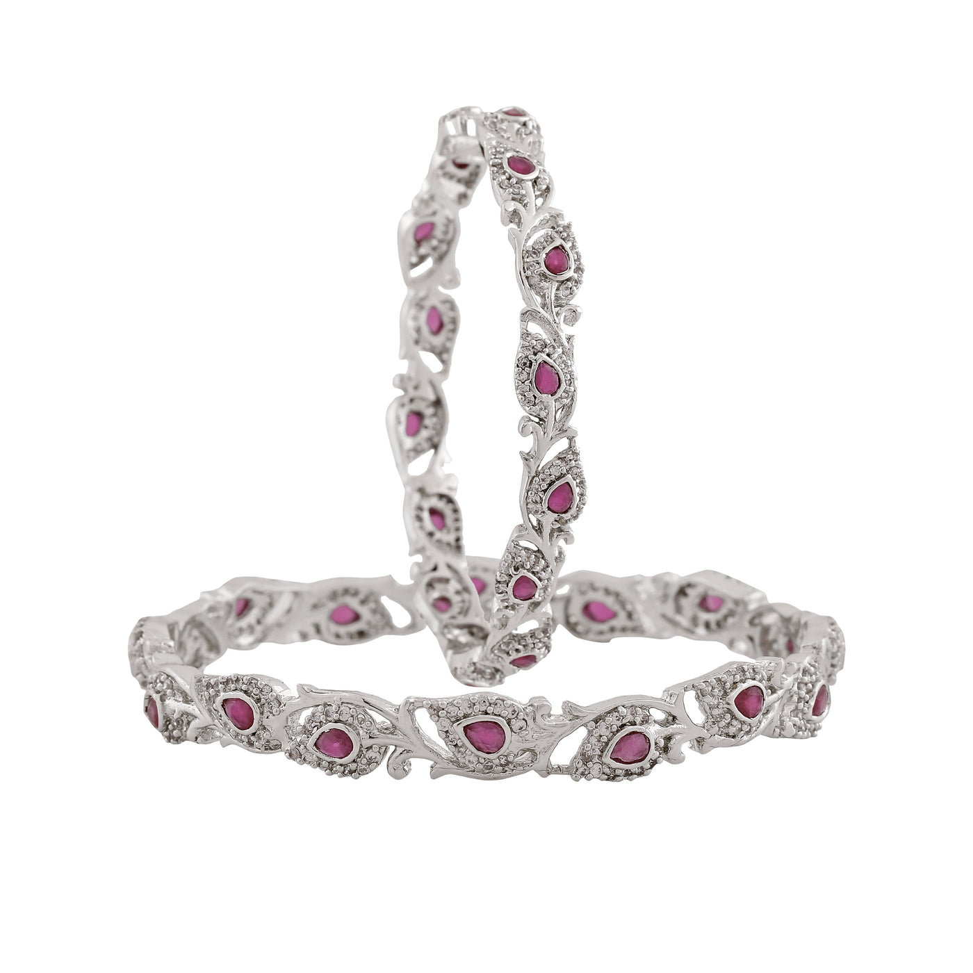 Estele Rhodium Plated CZ Leafy Designer Bangle with Pink Crystals for Women