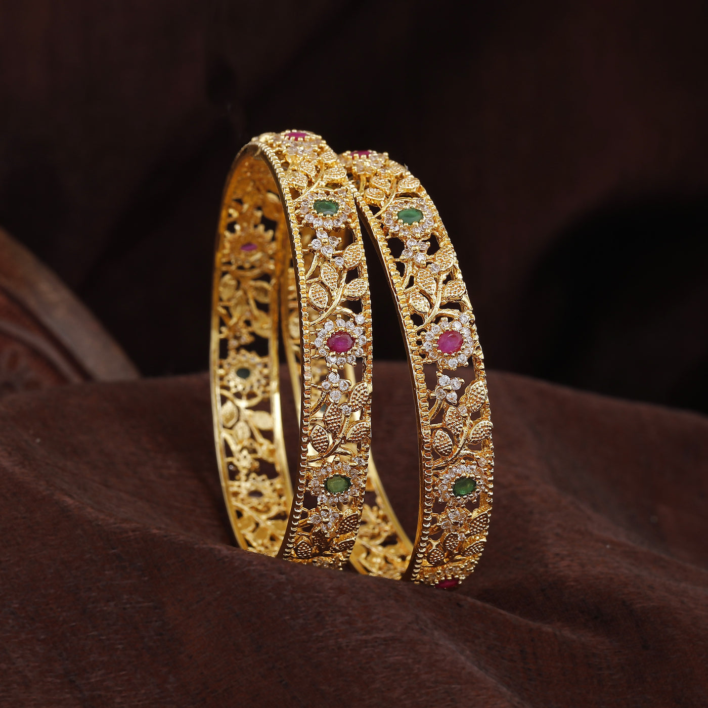 Estele Gold Plated CZ Flower Designer Bangles with Multicolor Stones for Women