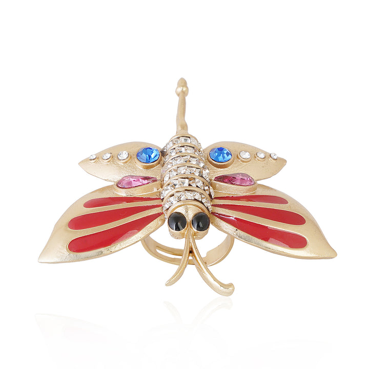 Estele Gold Plated Butterfly Shaped Finger Ring with Enamel & Crystals for Women