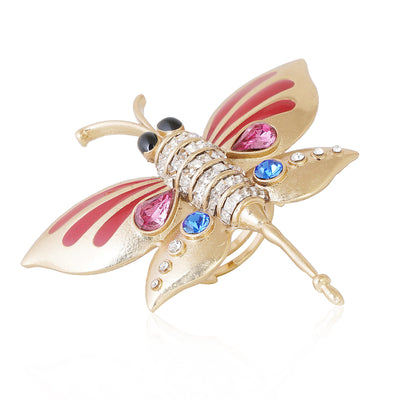 Estele Gold Plated Butterfly Shaped Finger Ring with Enamel & Crystals for Women