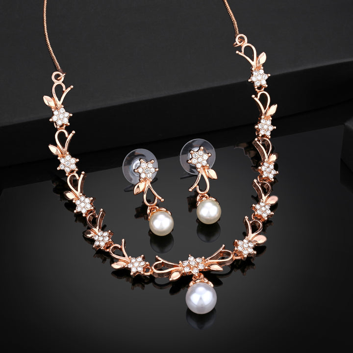 Estele Rose Gold Plated Elegant Blossom Designer Necklace Set with Pearl for Women