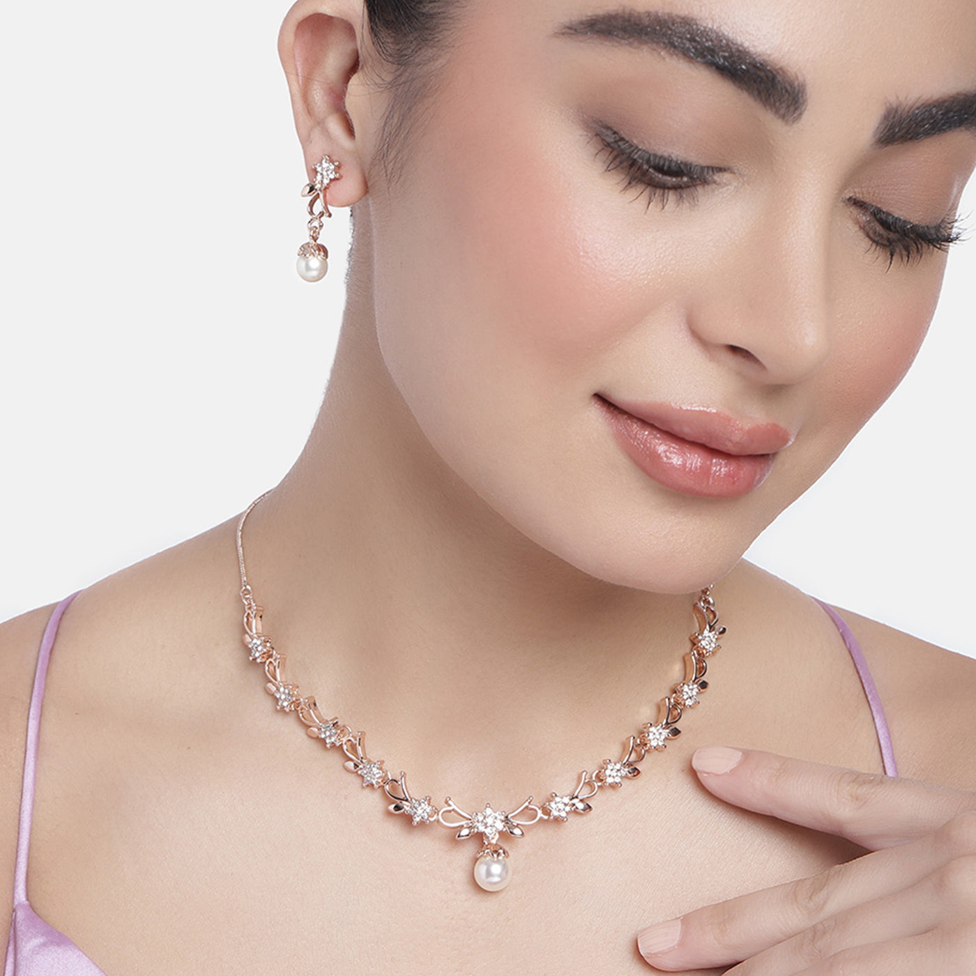 Estele Rose Gold Plated Elegant Blossom Designer Necklace Set with White Crystals & Pearl for Women