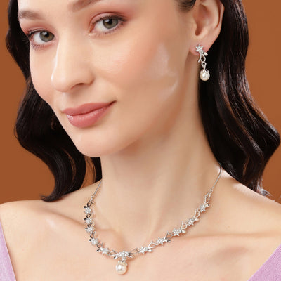 Estele Rhodium Gold Plated Elegant Blossom Designer Necklace Set with Pearl for Women