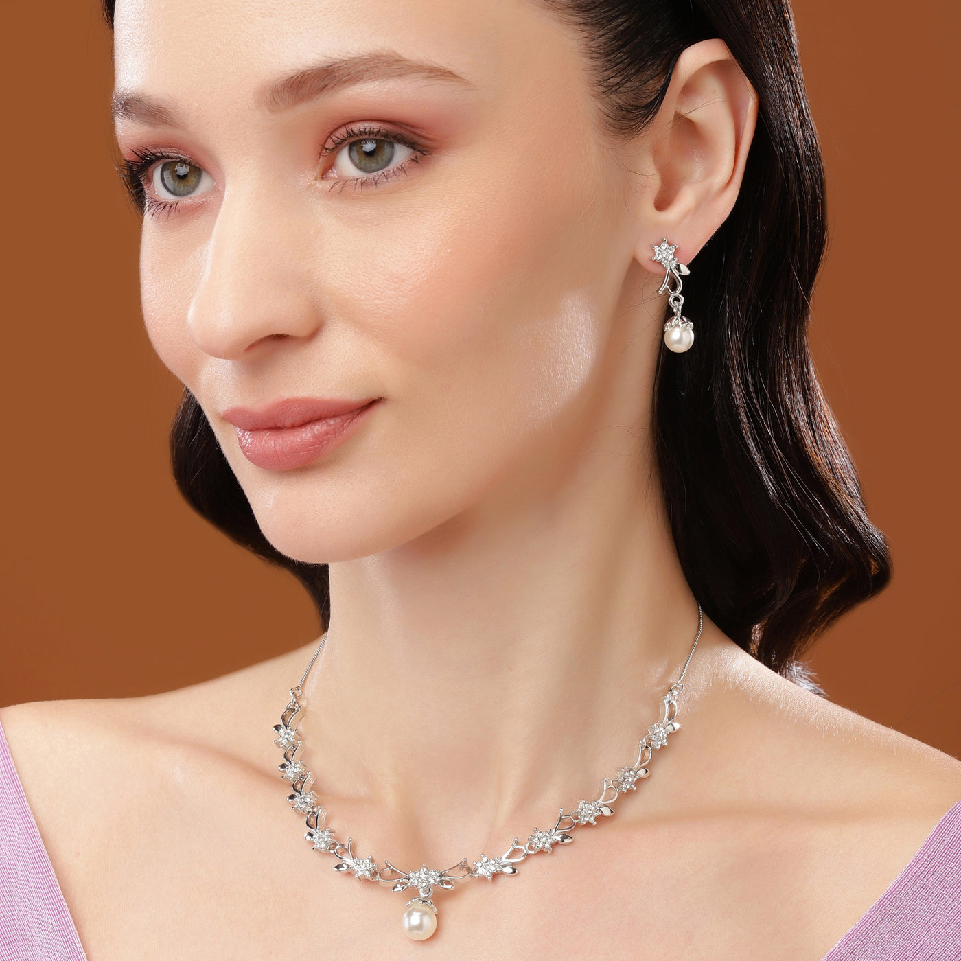 Estele Rhodium Gold Plated Elegant Blossom Designer Necklace Set with Pearl for Women