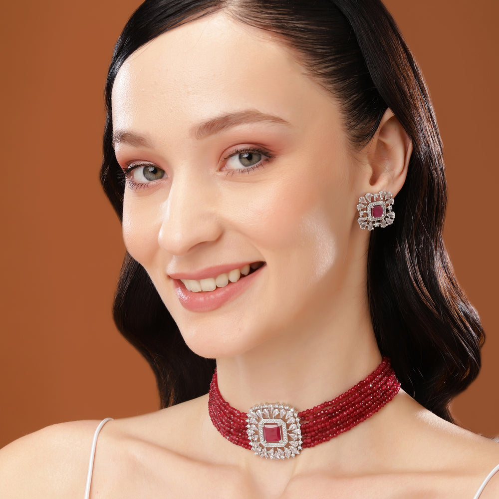 Buy Estele Rhodium Plated CZ Square Choker Necklace Set with Ruby