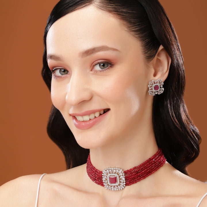Estele Rhodium Plated CZ Square Choker Necklace Set with Ruby/ Red Beads for Women