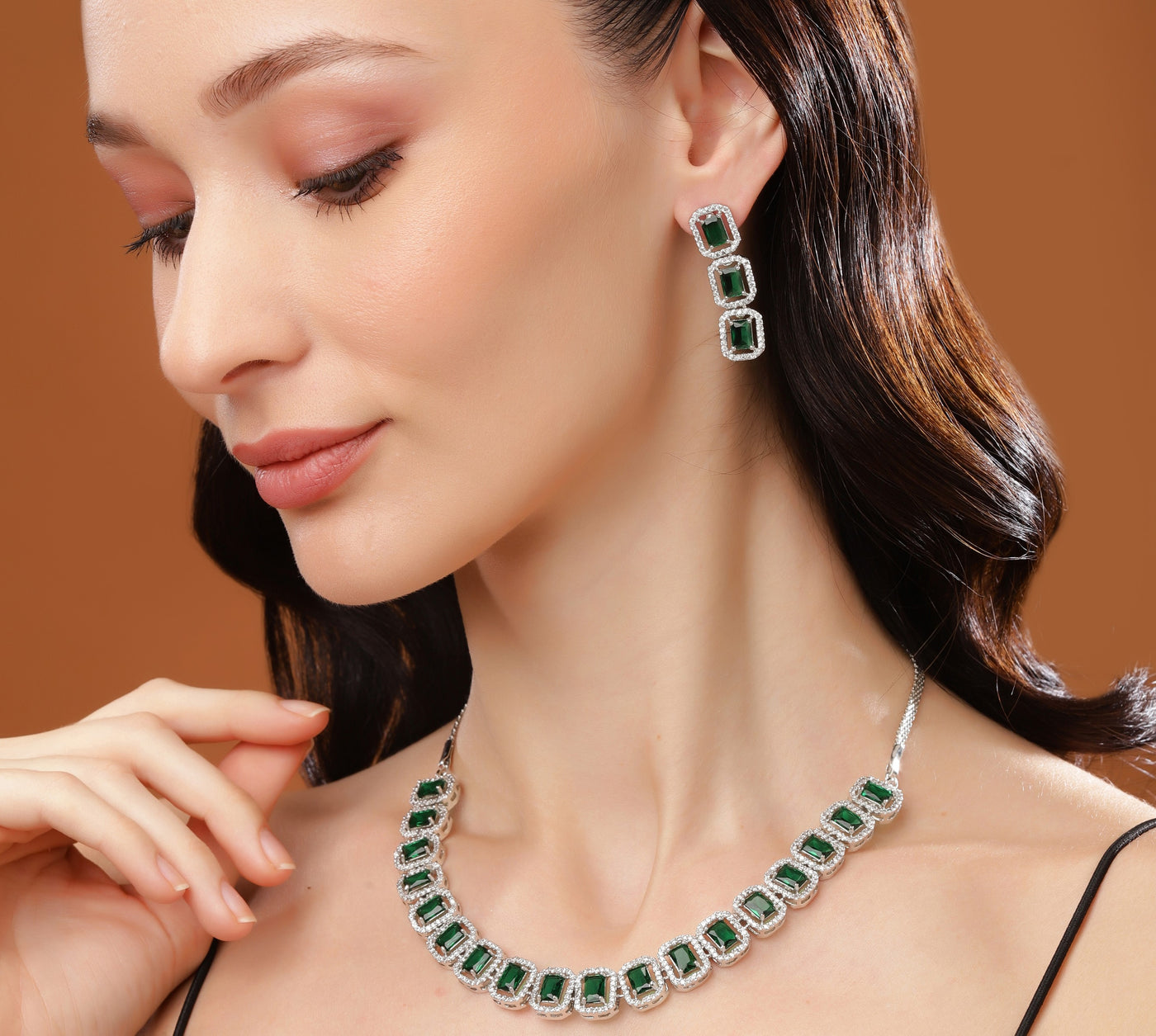 Estele Rhodium Plated CZ Ossum Octagon Necklace Set with Emerald Stones for Women