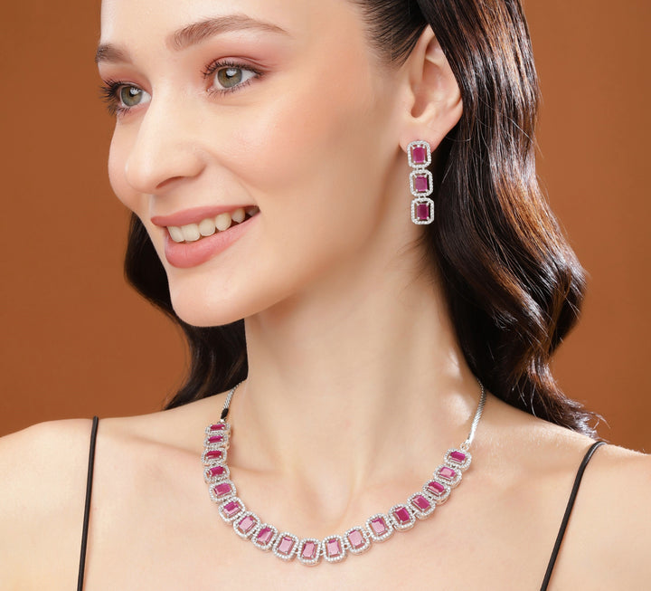 Estele Rhodium Plated CZ Ossum Octagon Necklace Set with Ruby stones for Women