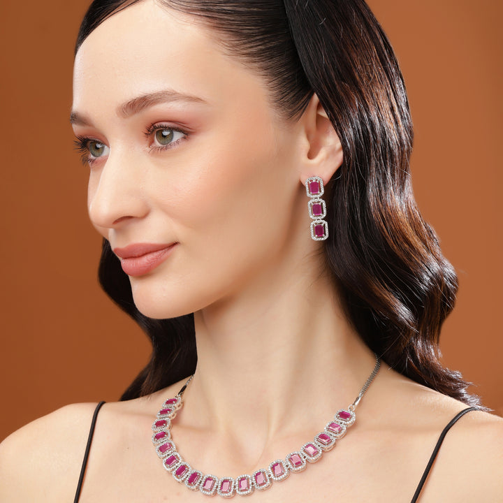 Estele Rhodium Plated CZ Ossum Octagon Necklace Set with Ruby stones for Women