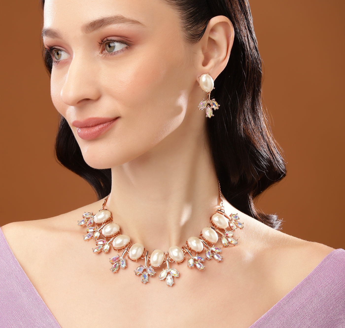 Estele Rosegold Plated Fascinating Necklace Set with Pearls for Women