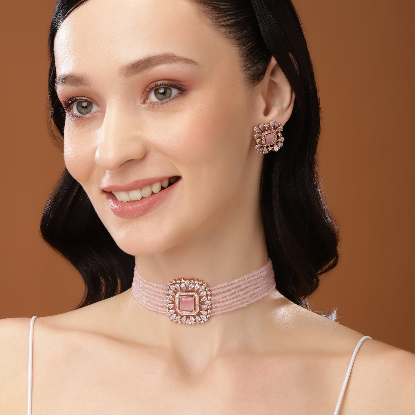 Estele Rose Gold Plated CZ Square Shaped Mint Pink Choker Necklace Set For Women
