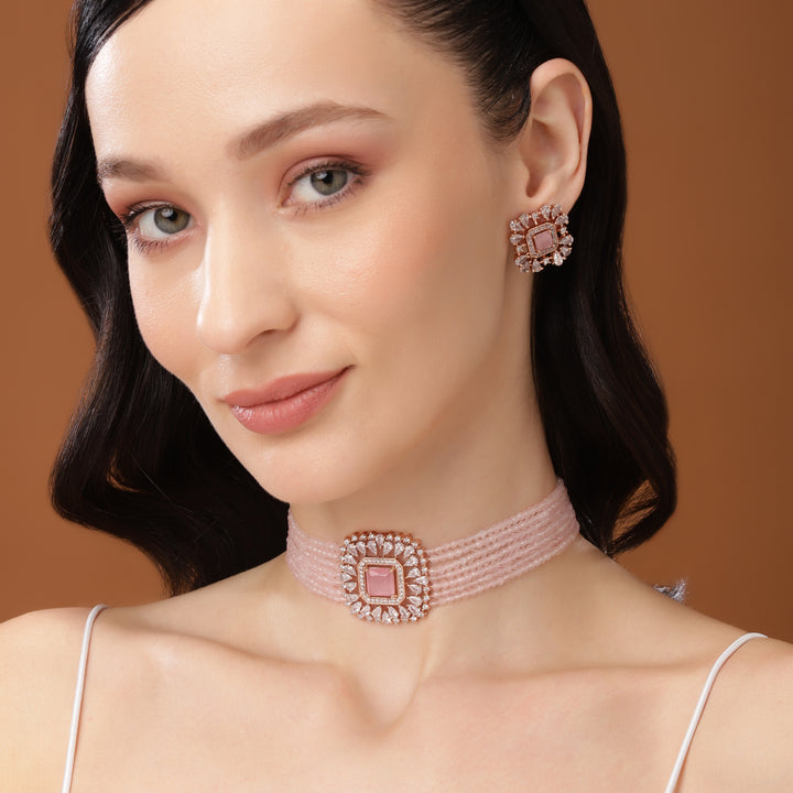 Estele Rose Gold Plated CZ Square Shaped Mint Pink Choker Necklace Set For Women