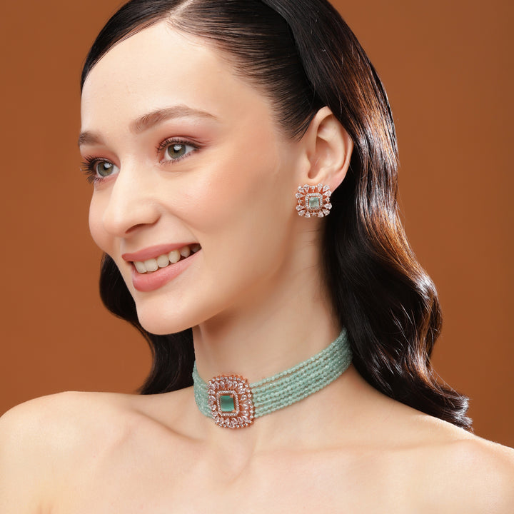 Estele Rose Gold Plated CZ Square Choker Necklace Set with Mint Blue Beads for Women