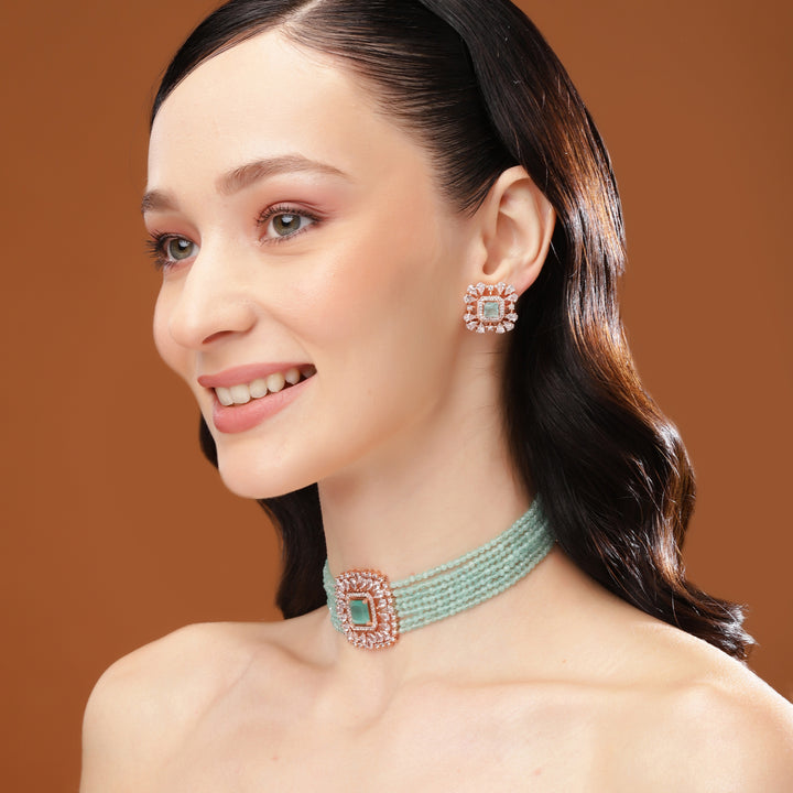 Estele Rose Gold Plated CZ Square Choker Necklace Set with Mint Blue Beads for Women