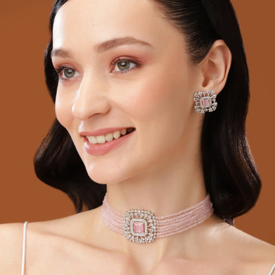 Estele Rhodium Plated CZ Square Shaped Mint Pink Choker Necklace Set For Women