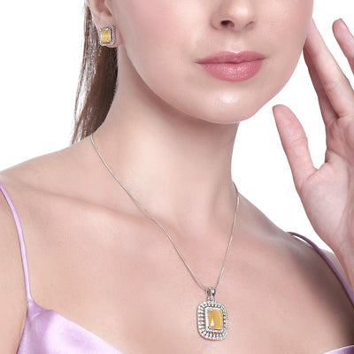 Estele Rhodium Plated CZ Sparkling Square Designer Pendant Set with Yellow Crystals for Women