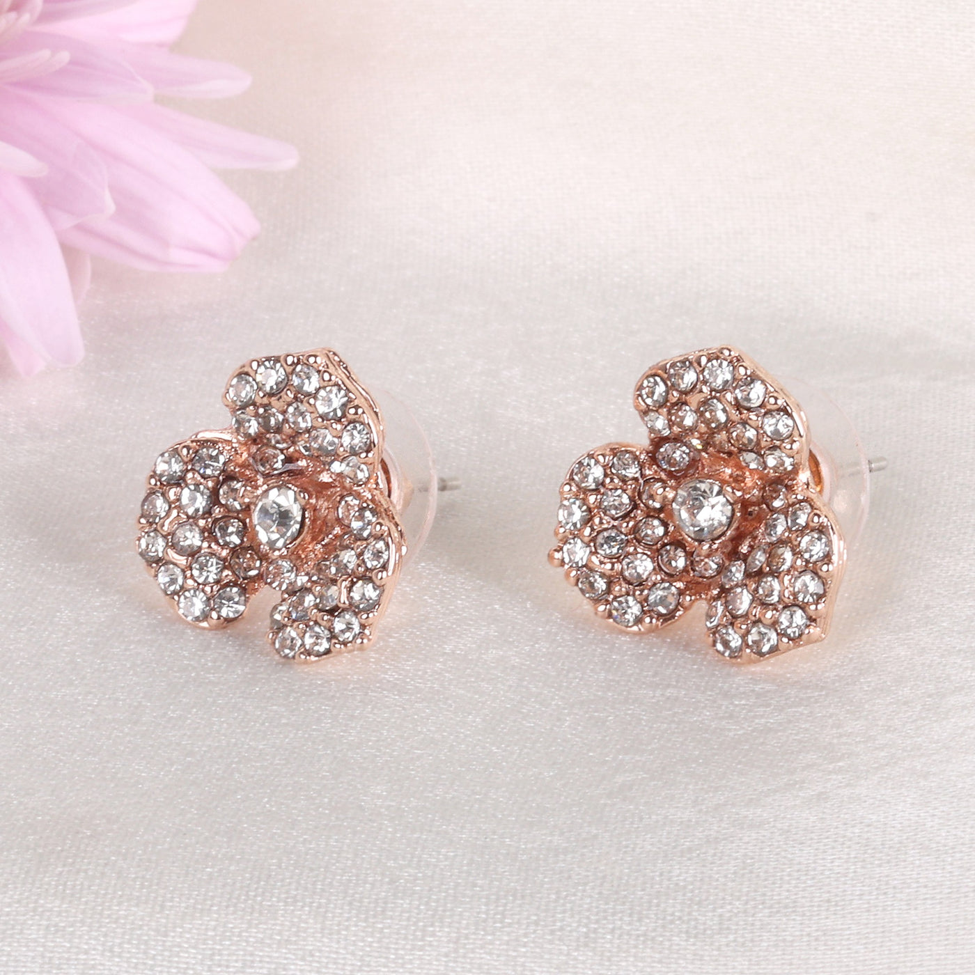 Estele Valentine ROSE Special â€“ Luxurious Rosegold Finish Floral Rose Stud Earrings for Women with Shining White Austrian Crystals â€“ A Perfect Gift of Love