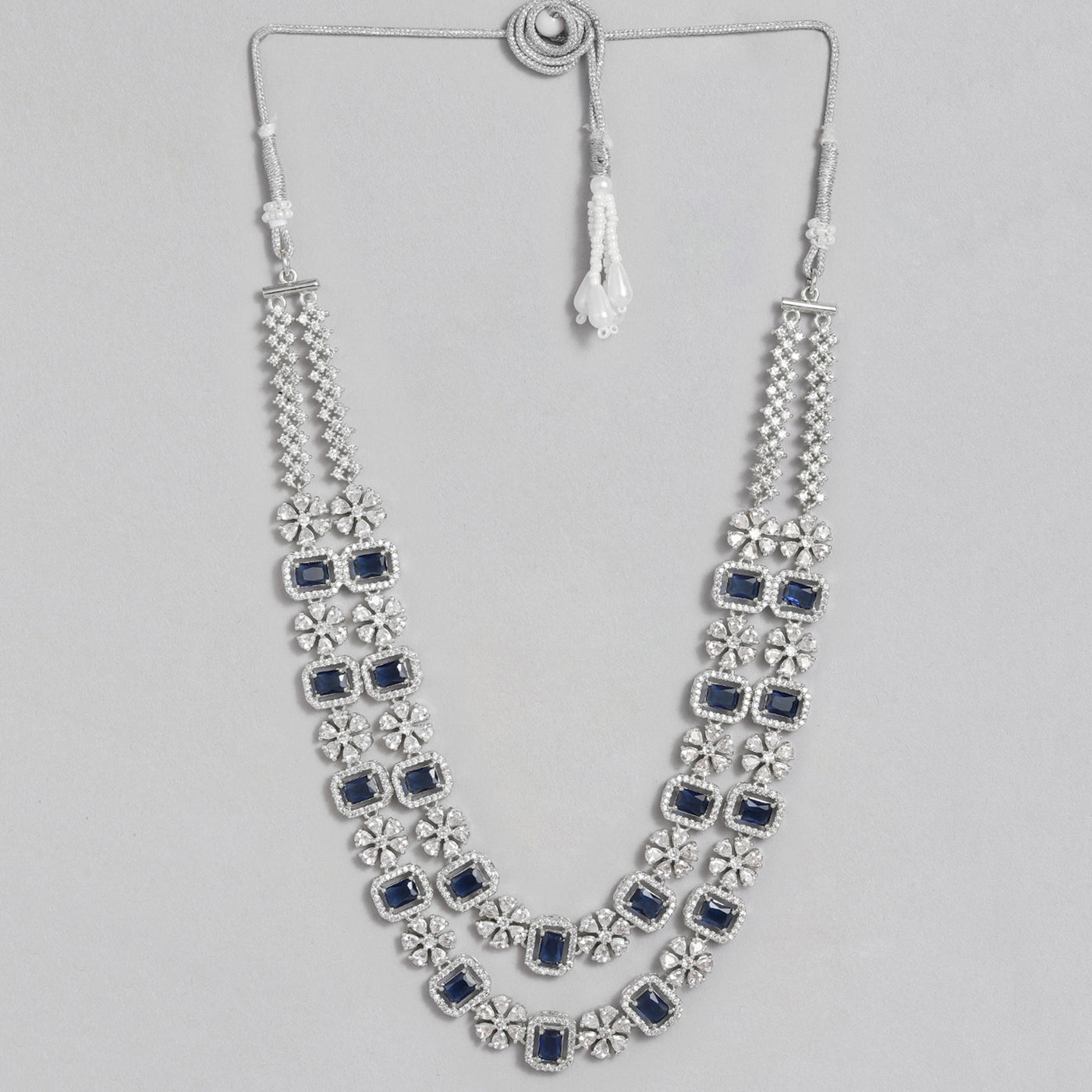 Estele Rhodium Plated CZ Astonishing Double Layered Necklace Set with Blue Stones for Women