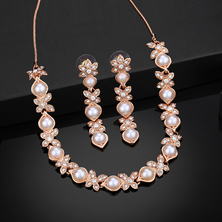 Estele Rose Gold Plated Eye Catching Pearl Necklace Set for Women
